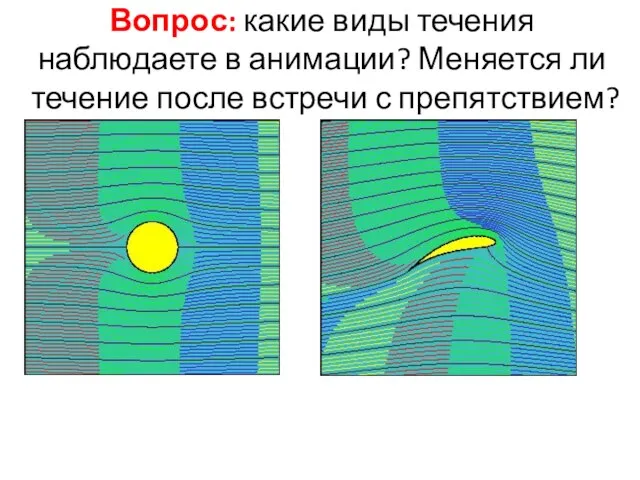 Вопрос: какие виды течения наблюдаете в анимации? Меняется ли течение после встречи с препятствием?