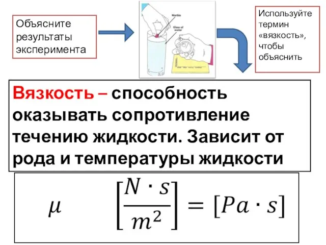 Используйте термин «вязкость», чтобы объяснить Вязкость – способность оказывать сопротивление течению