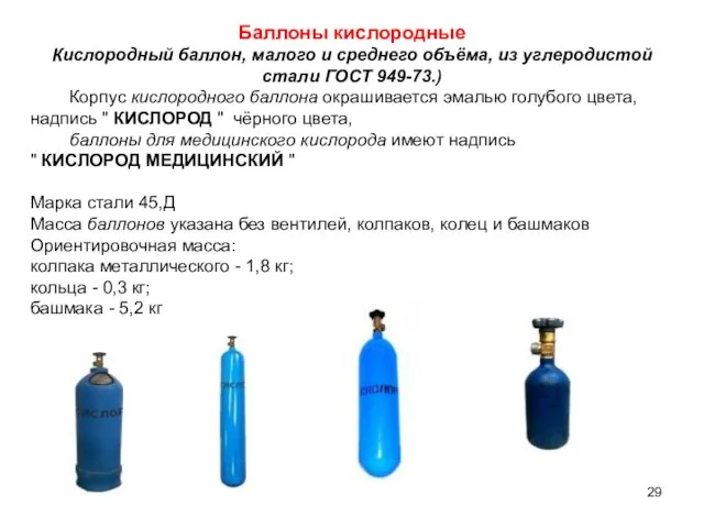 Баллоны кислородные Кислородный баллон, малого и среднего объёма, из углеродистой стали