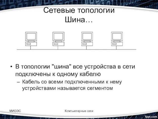 МИОЭС Компьютерные сети Сетевые топологии Шина… В топологии "шина" все устройства