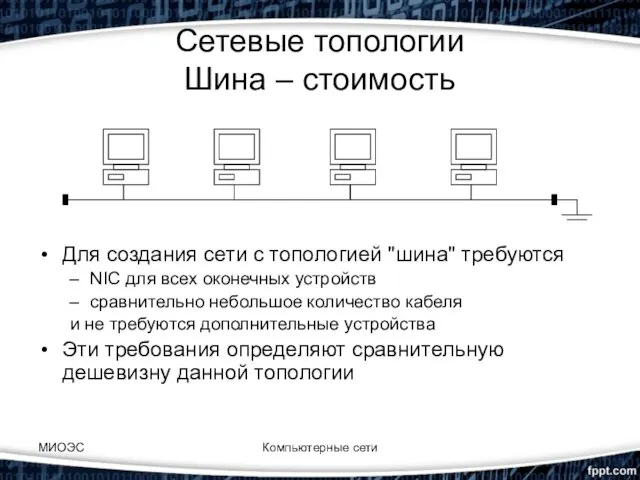 МИОЭС Компьютерные сети Сетевые топологии Шина – стоимость Для создания сети