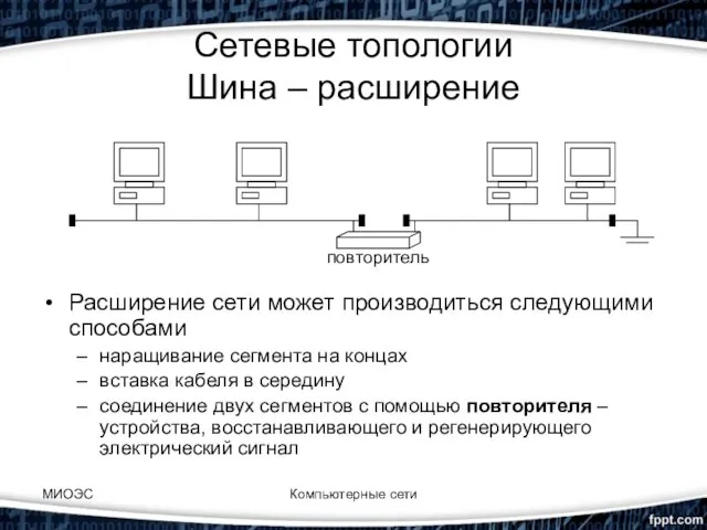 МИОЭС Компьютерные сети Сетевые топологии Шина – расширение Расширение сети может