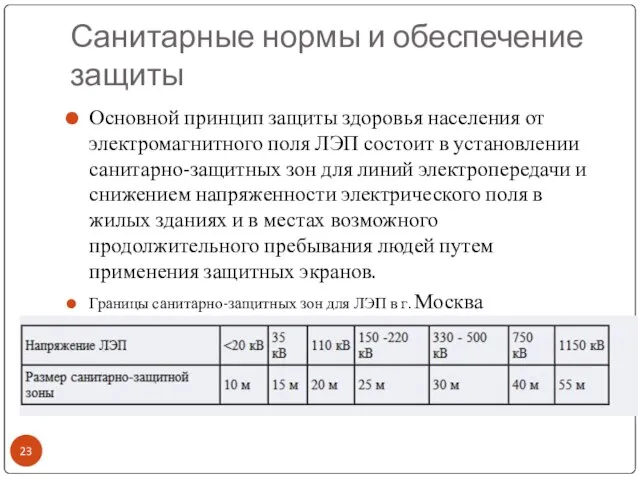 Санитарные нормы и обеспечение защиты Основной принцип защиты здоровья населения от