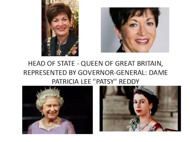 HEAD OF STATE - QUEEN OF GREAT BRITAIN, REPRESENTED BY GOVERNOR-GENERAL: DAME PATRICIA LEE "PATSY" REDDY