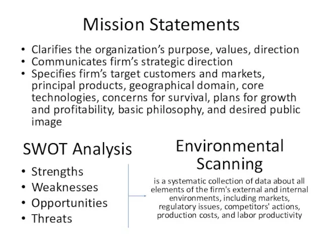 Mission Statements Clarifies the organization’s purpose, values, direction Communicates firm’s strategic