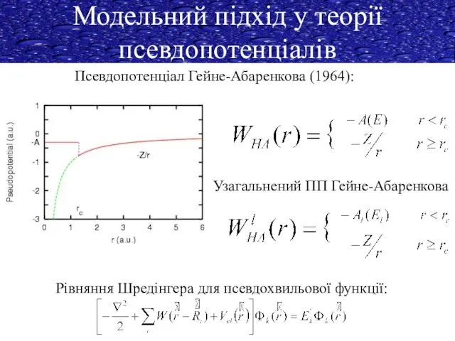 Модельний підхід у теорії псевдопотенціалів Псевдопотенціал Гейне-Абаренкова (1964): Узагальнений ПП Гейне-Абаренкова Рівняння Шредінгера для псевдохвильової функції: