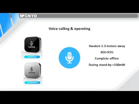 Voice calling & operating Awaken 1-3 meters away ROI>95% Complete offline During stand-by