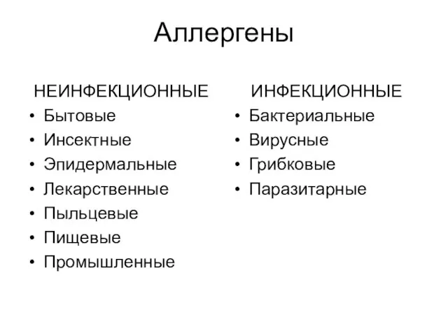 Аллергены НЕИНФЕКЦИОННЫЕ Бытовые Инсектные Эпидермальные Лекарственные Пыльцевые Пищевые Промышленные ИНФЕКЦИОННЫЕ Бактериальные Вирусные Грибковые Паразитарные