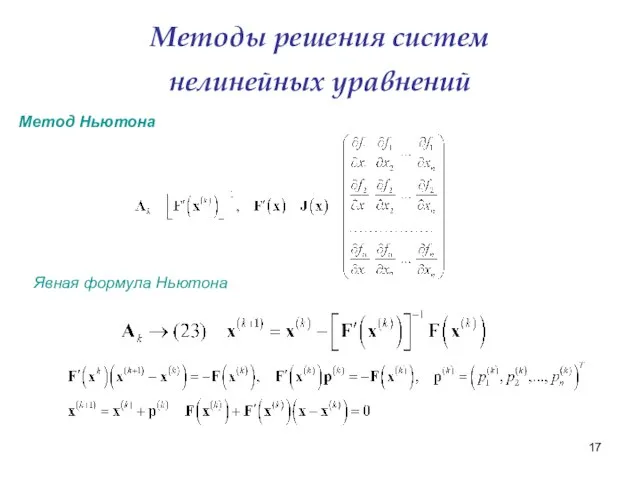 Методы решения систем нелинейных уравнений Метод Ньютона Явная формула Ньютона