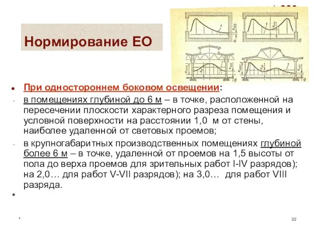 * Нормирование ЕО При одностороннем боковом освещении: в помещениях глубиной до