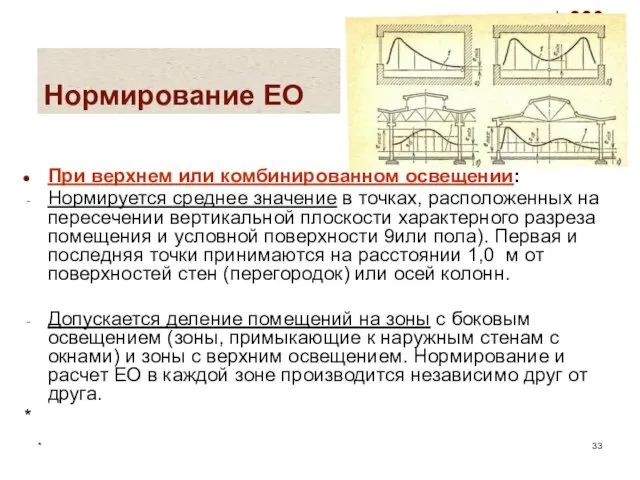 * Нормирование ЕО При верхнем или комбинированном освещении: Нормируется среднее значение