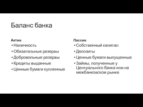 Баланс банка Актив Наличность Обязательные резервы Добровольные резервы Кредиты выданные Ценные