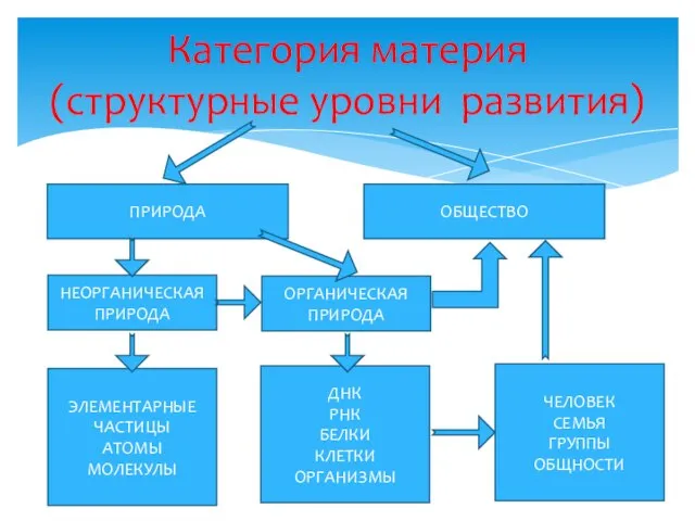 Категория материя (структурные уровни развития) ПРИРОДА ОБЩЕСТВО НЕОРГАНИЧЕСКАЯ ПРИРОДА ОРГАНИЧЕСКАЯ ПРИРОДА