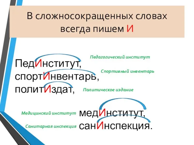 В сложносокращенных словах всегда пишем И ПедИнститут, спортИнвентарь, политИздат, медИнститут, санИнспекция.