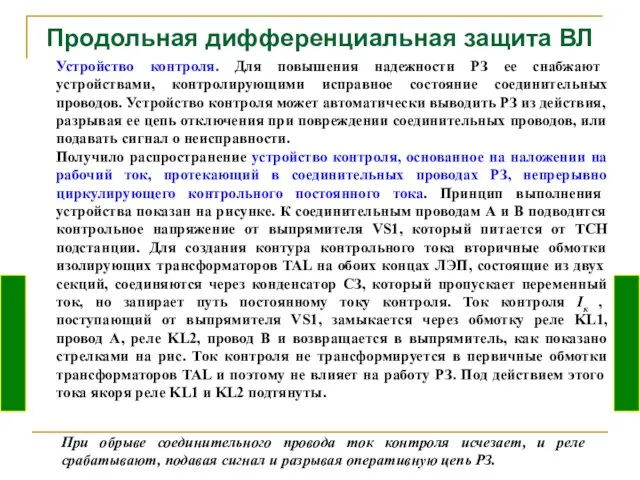 Продольная дифференциальная защита ВЛ Устройство контроля. Для повышения надежности РЗ ее