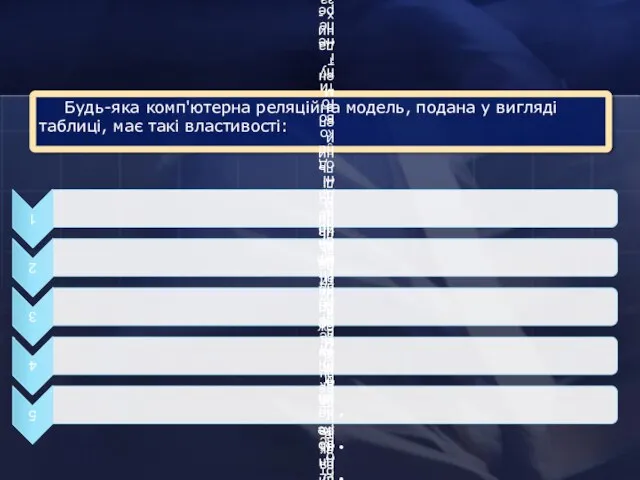 Будь-яка комп'ютерна реляційна модель, подана у вигляді таблиці, має такі властивості: