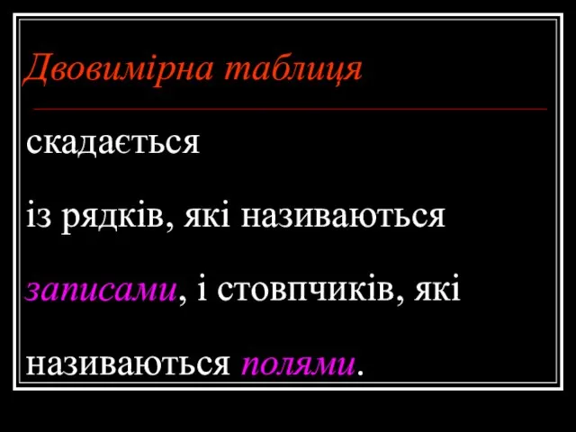 Двовимірна таблиця скадається із рядків, які називаються записами, і стовпчиків, які називаються полями.