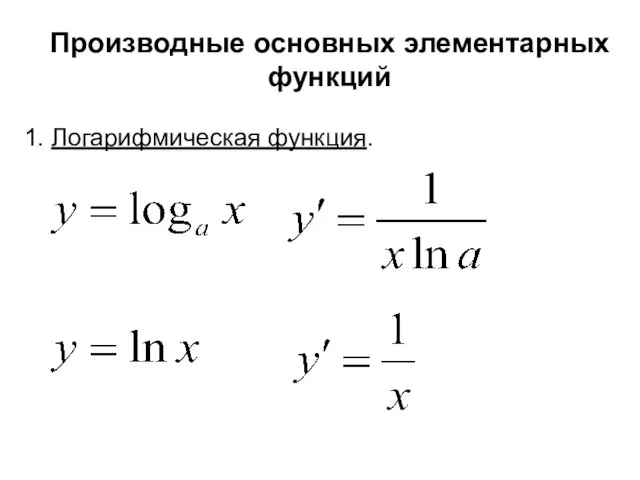 Производные основных элементарных функций 1. Логарифмическая функция.