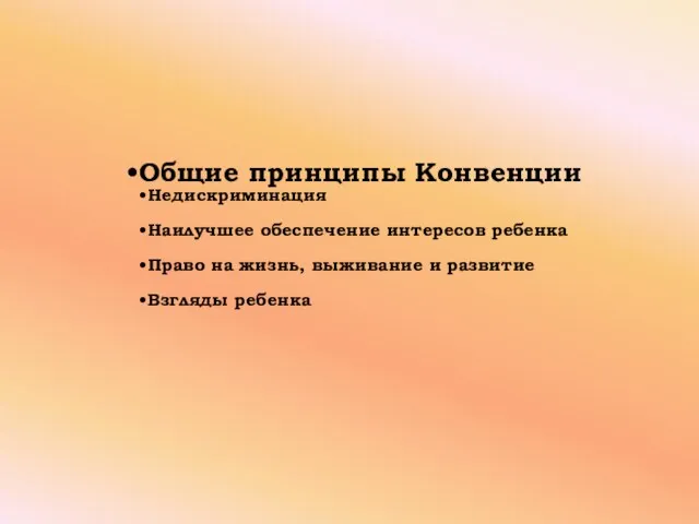 Общие принципы Конвенции Недискриминация Наилучшее обеспечение интересов ребенка Право на жизнь, выживание и развитие Взгляды ребенка