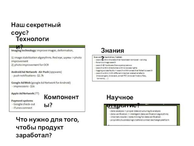 Наш секретный соус? Технологии? Знания? Научное открытие? Что нужно для того, чтобы продукт заработал? Компоненты?