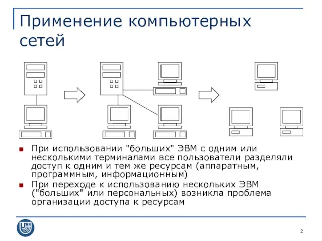 Применение компьютерных сетей При использовании "больших" ЭВМ с одним или несколькими