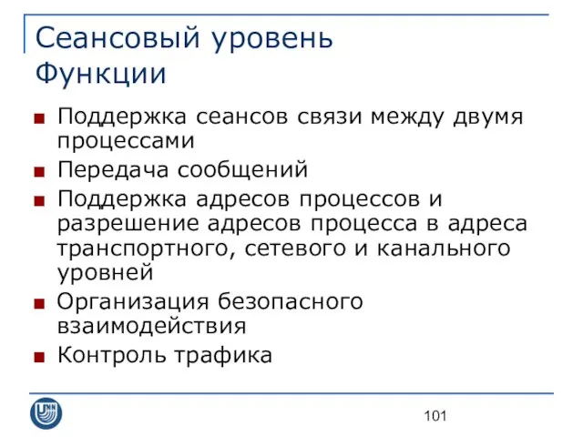 Сеансовый уровень Функции Поддержка сеансов связи между двумя процессами Передача сообщений