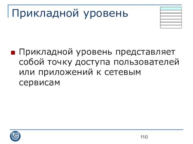 Прикладной уровень Прикладной уровень представляет собой точку доступа пользователей или приложений к сетевым сервисам