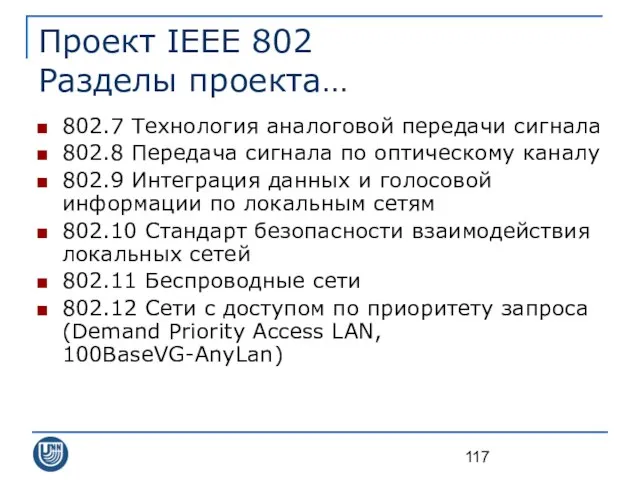 Проект IEEE 802 Разделы проекта… 802.7 Технология аналоговой передачи сигнала 802.8