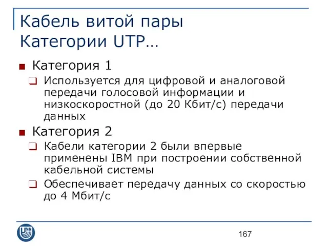 Кабель витой пары Категории UTP… Категория 1 Используется для цифровой и