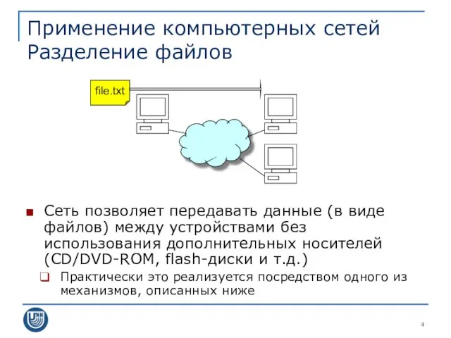 Применение компьютерных сетей Разделение файлов Сеть позволяет передавать данные (в виде