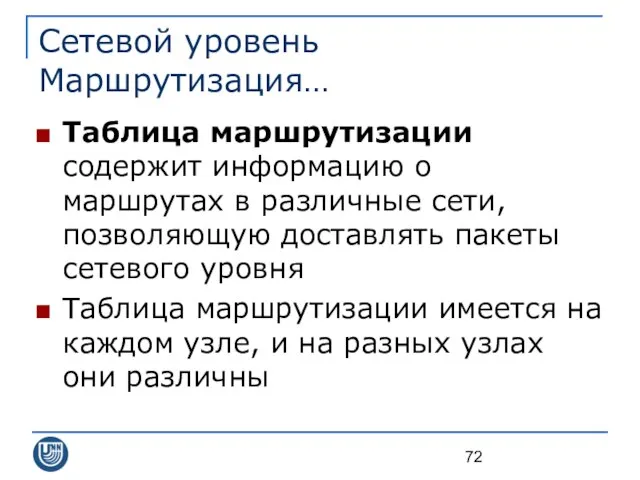 Сетевой уровень Маршрутизация… Таблица маршрутизации содержит информацию о маршрутах в различные