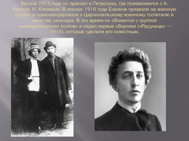 Весной 1915 года он приехал в Петроград, где познакомился с А.