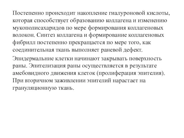 Постепенно происходит накопление гиалуроновой кислоты, которая способствует образованию коллагена и изменению