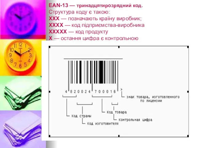 ЕАN-13 — тринадцятирозрядний код. Структура коду є такою: ХХХ — позначають