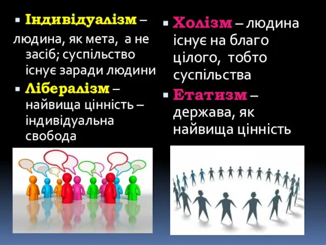 Індивідуалізм – людина, як мета, а не засіб; суспільство існує заради