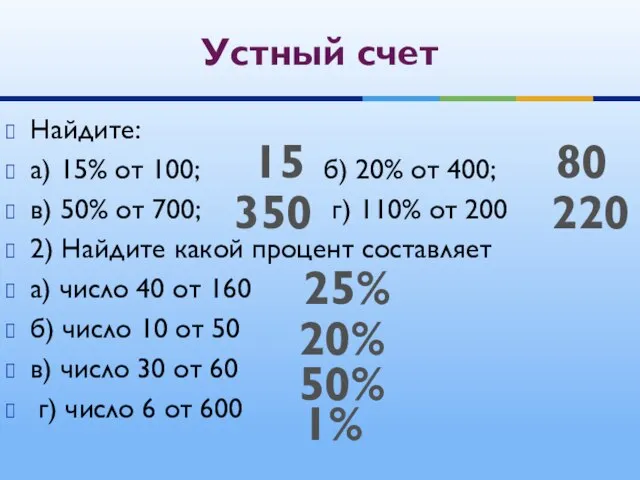 Найдите: а) 15% от 100; б) 20% от 400; в) 50%