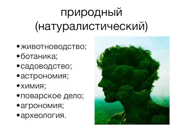 природный (натуралистический) животноводство; ботаника; садоводство; астрономия; химия; поварское дело; агрономия; археология.