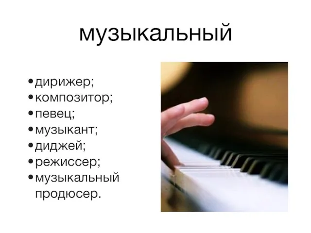 музыкальный дирижер; композитор; певец; музыкант; диджей; режиссер; музыкальный продюсер.