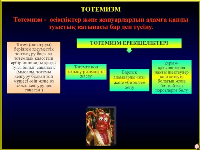 ТОТЕМИЗМ Тотемизм - өсімдіктер және жануарлардың адамға қанды туыстық қатынасы бар