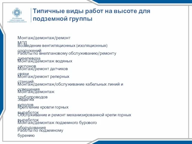 Типичные виды работ на высоте для подземной группы Монтаж/демонтаж/ремонт МПД Возведение