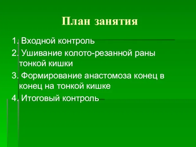 План занятия 1. Входной контроль 2. Ушивание колото-резанной раны тонкой кишки