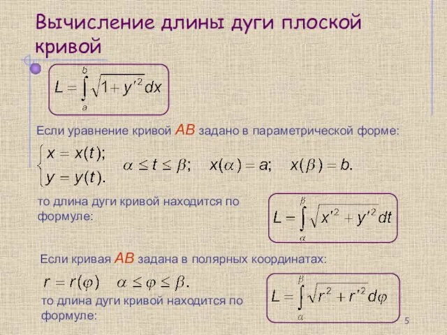 Вычисление длины дуги плоской кривой Если уравнение кривой AB задано в