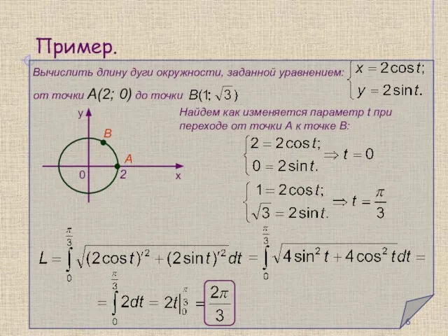 Пример. Вычислить длину дуги окружности, заданной уравнением: от точки А(2; 0)