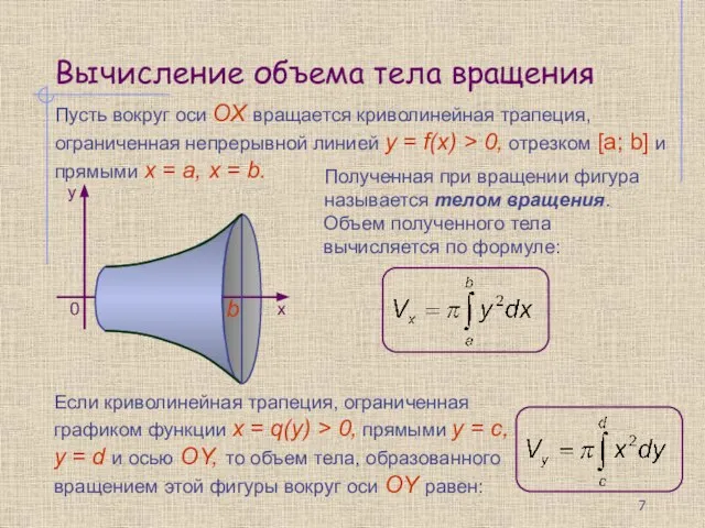 Вычисление объема тела вращения Пусть вокруг оси OX вращается криволинейная трапеция,