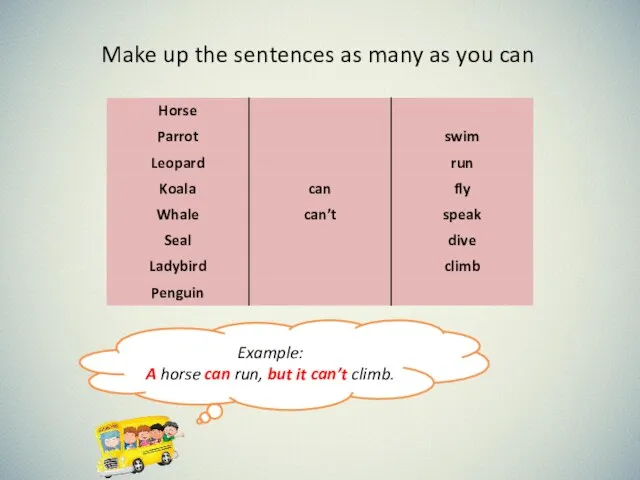 Make up the sentences as many as you can Example: A