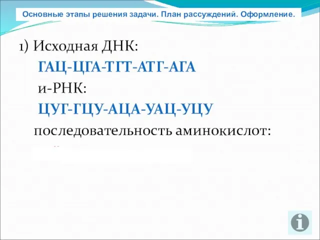 1) Исходная ДНК: ГАЦ-ЦГА-ТГТ-АТГ-АГА и-РНК: ЦУГ-ГЦУ-АЦА-УАЦ-УЦУ последовательность аминокислот: лей-ала-тре-тир-сер Основные этапы решения задачи. План рассуждений. Оформление.