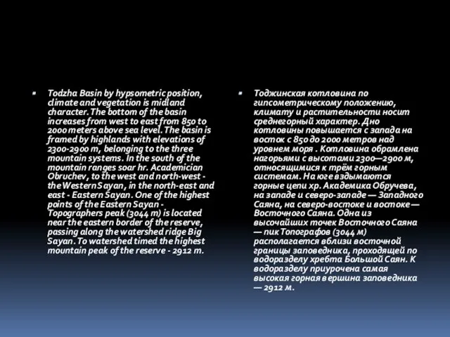 Todzha Basin by hypsometric position, climate and vegetation is midland character.
