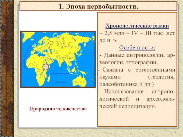 1. Эпоха первобытности. Хронологические рамки – 2,5 млн – IV –