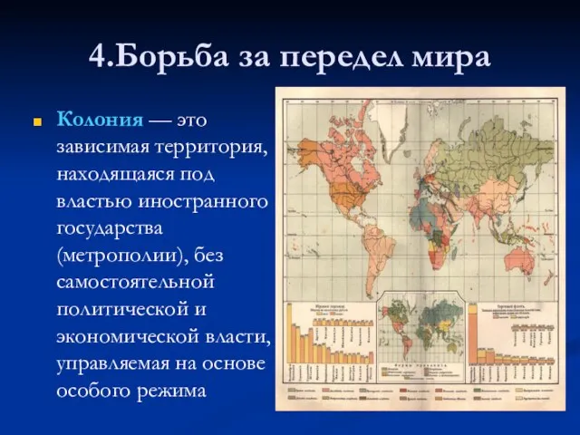 4.Борьба за передел мира Колония — это зависимая территория, находящаяся под