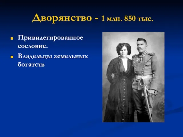 Дворянство - 1 млн. 850 тыс. Привилегированное сословие. Владельцы земельных богатств